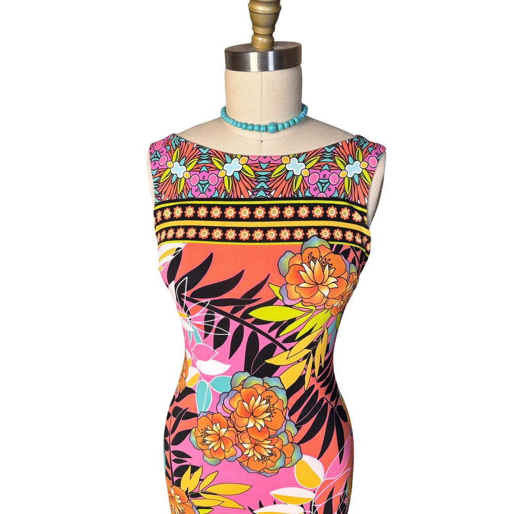 Tropical Floral Print Cache Sheath Dress Sleeveless Boat Neck 6 Pink Multi - Picture 2 of 10